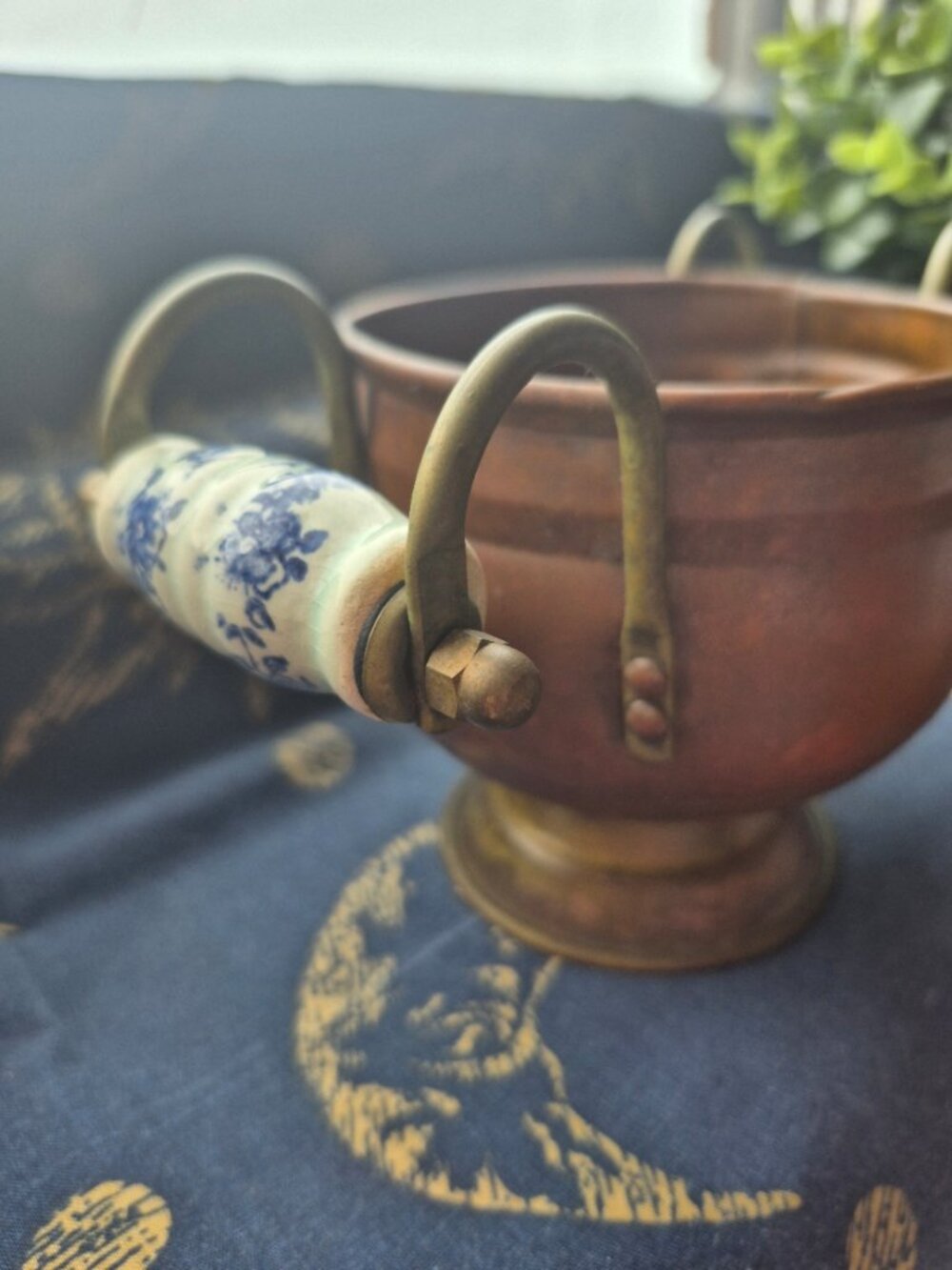 Antique-Delft Style Copper Pot With Porcelain Handles